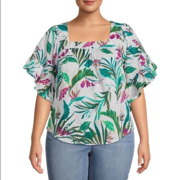 Terra & Sky NWT Square Neck Peasant Top Lavender Print 1X Tropical Resortwear - Picture 2 of 14